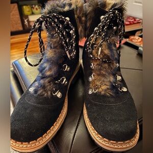Sam Edelman Lace Up Black Suede Fur-Lined Boots